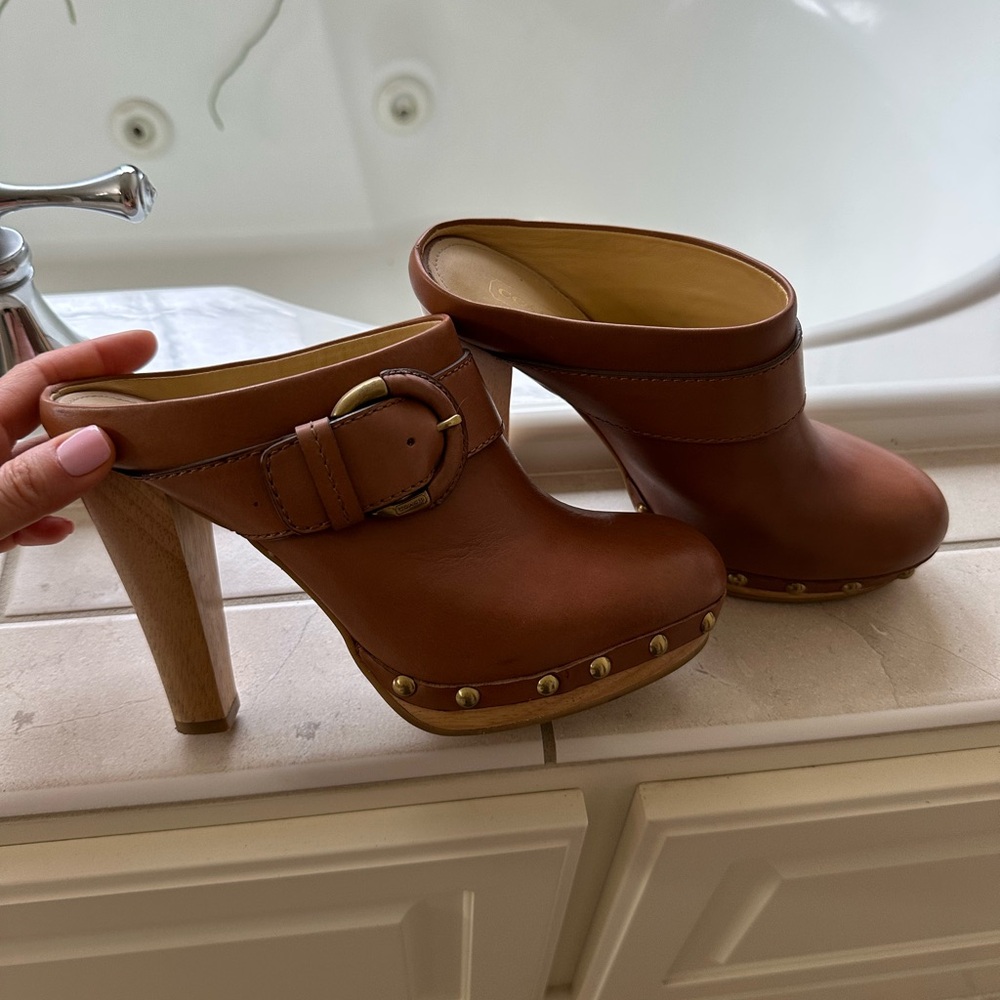 Coach Tan Leather Studded Clog Mules with Buckle Detail